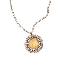 9 CT GOLD & SAPPHIRE MOUNTED FULL SOVEREIGN PENDANT ON A 9 CT GOLD FIGARO CHAIN at Ross's Online Art Auctions