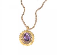 GOLD AMETHYST & SEED PEARL BROOCH/PENDANT ON A GOLD CHAIN at Ross's Online Art Auctions