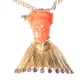18 CT GOLD CARVED CORAL EASTERN LADY PENDANT WITH RUBY, SAPPHIRE & EMERALD, ON A 14 CT GOLD FLAT DOUBLE ROLO LINK CHAIN at Ross's Online Art Auctions