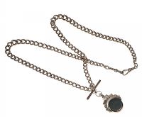 STERLING SILVER CURB CHAIN WITH T-BAR AND SWIVEL FOB SET WITH BLOODSTONE AND CARNELIAN at Ross's Online Art Auctions