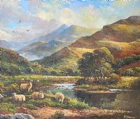 SHEEP GRAZING BY A RIVER by William Yeaman at Ross's Online Art Auctions