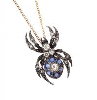 18CT GOLD SAPPHIRE AND DIAMOND SPIDER PENDANT AND CHAIN at Ross's Online Art Auctions