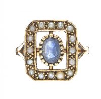 9CT GOLD BLUE STONE AND SEED PEARL RING at Ross's Online Art Auctions