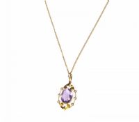 FINE GOLD PLATED CHAIN WITH 9CT GOLD, AMETHYST & SEED PEARL PENDANT at Ross's Online Art Auctions