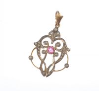 9 CARAT GOLD PINK TOPAZ & SEED PEARL PIERCED PENDANT at Ross's Online Art Auctions
