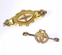 9CT GOLD, RUBY & SEED PEARL BAR BROOCH AND YELLOW METAL BAR BROOCH at Ross's Online Art Auctions