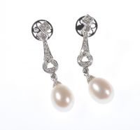 PAIR OF 18 CARAT WHITE GOLD PEARL & DIAMOND DROP EARRINGS at Ross's Online Art Auctions
