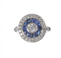 ART DECO STYLE 18 CARAT WHITE GOLD SAPPHIRE & DIAMOND CLUSTER RING at Ross's Online Art Auctions