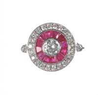 ART DECO STYLE 18 CARAT WHITE GOLD RUBY & DIAMOND CLUSTER RING at Ross's Online Art Auctions