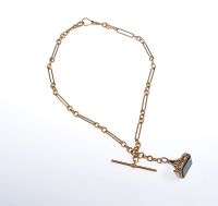 18 CARAT GOLD LONG LINK DOUBLE ALBERT CHAIN WITH FITTED T BAR & A 9 CARAT GOLD SEAL FOB at Ross's Online Art Auctions