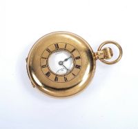 GENT'S 9 CARAT GOLD CASED HALF HUNTER POCKET WATCH WITH ENAMEL DIAL at Ross's Online Art Auctions