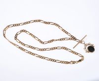 9 CARAT GOLD FIGARO CHAIN WITH FITTED T BAR & A 9 CARAT GOLD FOB at Ross's Online Art Auctions