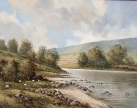 SHEEP GRAZING BY THE RIVER'S EDGE by Desmond Monroe at Ross's Online Art Auctions