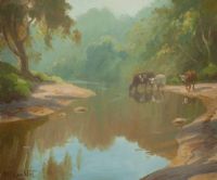 CATTLE DRINKING IN RIVER DUN by Donal McNaughton at Ross's Online Art Auctions