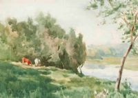 CATTLE GRAZING BY THE RIVER LAGAN by Frank McKelvey RHA RUA at Ross's Online Art Auctions