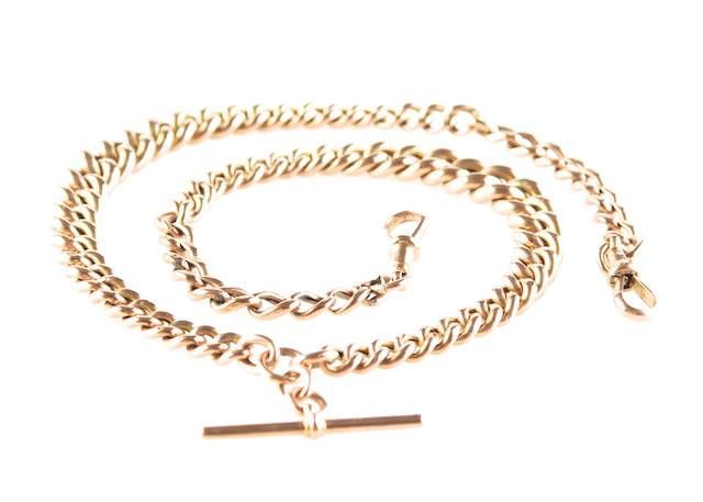 9CT ROSE GOLD GRADUATED CURB LINK DOUBLE ALBERT CHAIN WITH T-BAR at Ross's Online Art Auctions