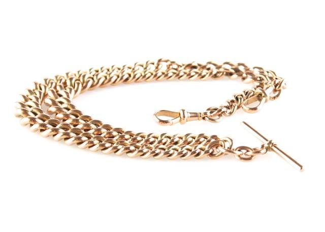 9CT ROSE GOLD GRADUATED CURB LINK DOUBLE ALBERT CHAIN WITH T-BAR at Ross's Online Art Auctions