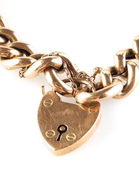 9CT ROSE GOLD ENGRAVED CURB LINK BRACELET WITH HEART PADLOCK at Ross's Online Art Auctions