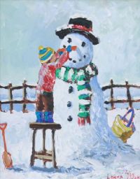 BUILDING A SNOWMAN by Lorna Millar at Ross's Online Art Auctions