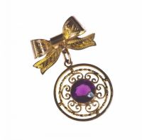 ROLLED GOLD & AMETHYST PENDANT MOUNTED ON BOW PIN at Ross's Online Art Auctions