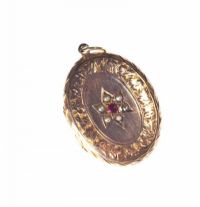 GOLD, RUBY & SEED PEARL ENGRAVED OVAL LOCKET at Ross's Online Art Auctions