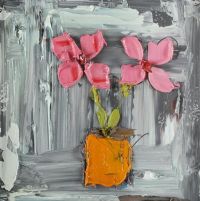 PINK FLOWERS IN YELLOW VASE by Colin Flack at Ross's Online Art Auctions