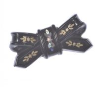VICTORIAN BOW SHAPED JET BROOCH INLAID WITH MOTHER OF PEARL at Ross's Online Art Auctions
