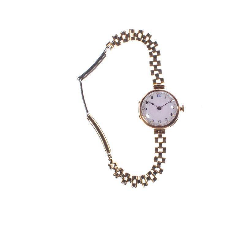 LADY'S 9 CARAT GOLD WRIST WATCH WITH WHITE ENAMEL DIAL & A YELLOW METAL MESH BRACELET at Ross's Online Art Auctions