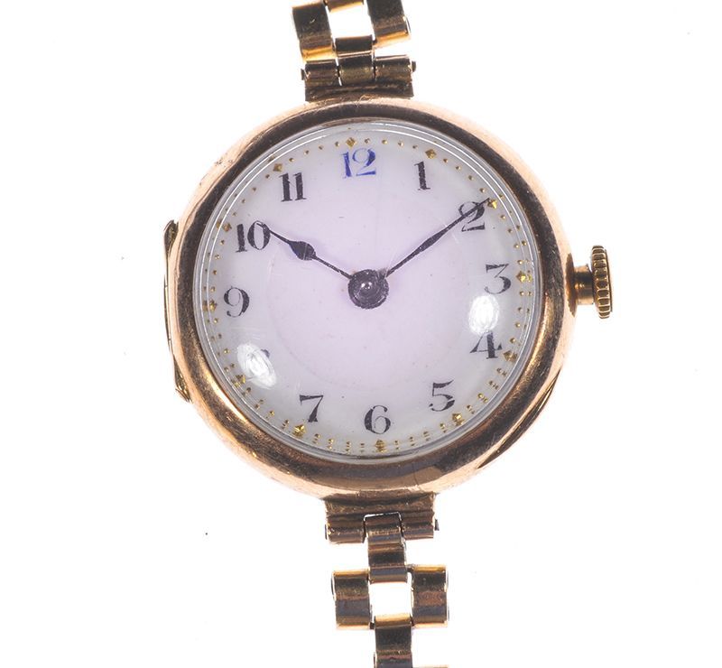 LADY'S 9 CARAT GOLD WRIST WATCH WITH WHITE ENAMEL DIAL & A YELLOW METAL MESH BRACELET at Ross's Online Art Auctions