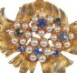 GILT METAL FLORAL SPRAY BROOCH MOUNTED WITH BLUE STONES & SIMULATED SEED PEARLS at Ross's Online Art Auctions