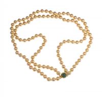 DOUBLE STRING OF SIMULATED DRESS PEARLS WITH A JADE MOUNTED CLASP at Ross's Online Art Auctions