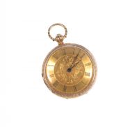 18 CT GOLD ENGRAVED FOB WATCH WITH GOLD DIAL & ROMAN NUMERALS at Ross's Online Art Auctions