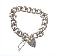 SILVER CURBLINK BRACELET WITH HEART SHAPED PADLOCK CATCH at Ross's Online Art Auctions