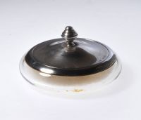 CIRCULAR GLASS SILVER MOUNTED POWDER BOWL WITH SILVER URN SHAPED LID & FITTED MIRROR at Ross's Online Art Auctions