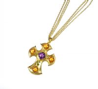DE VROOMEN 18 CT GOLD CITRINE, AMETHYST & PERIDOT CROSS ON AN 18 CT GOLD TRIPLE ROW CHAIN at Ross's Online Art Auctions