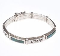 PIERCED SILVER TURQUOISE PANEL BRACELET WITH HIEROGLYPHICS at Ross's Online Art Auctions