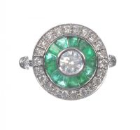 18 CT WHITE GOLD ART DECO STYLE EMERALD & DIAMOND CLUSTER RING at Ross's Online Art Auctions