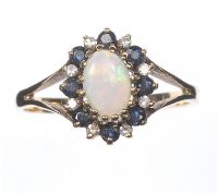 9 CT GOLD OPAL, SAPPHIRE & DIAMOND RING at Ross's Online Art Auctions