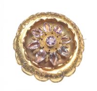 CIRCULAR GOLD PALE AMETHYST MOURNING BROOCH WITH SCROLLWORK at Ross's Online Art Auctions