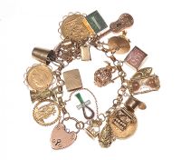HEAVY 9 CT GOLD CHARM BRACELET WITH HEART SHAPED PADLOCK CATCH, TWO FULL SOVEREIGNS & A HALF SOVEREIGN at Ross's Online Art Auctions