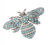 SILVER TURQUOISE & SEED PEARL ARTICULATED BUMBLEBEE BROOCH at Ross's Online Art Auctions