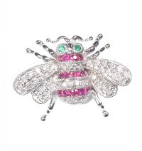 18 CT WHITE GOLD RUBY, EMERALD & DIAMOND BUMBLEBEE BROOCH at Ross's Online Art Auctions