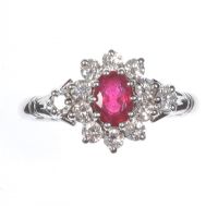 18 CT WHITE OLD RUBY & DIAMOND CLUSTER RING at Ross's Online Art Auctions