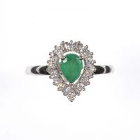 14 CT WHITE GOLD PEAR SHAPED EMERALD & DIAMOND CLUSTER RING at Ross's Online Art Auctions