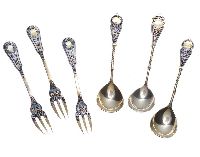 THREE EARLY 20TH CENTURY RUSSIAN SILVER DESSERT SPOONS & THREE DESSERT FORKS at Ross's Online Art Auctions