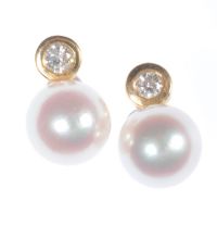 PAIR OF 18 CT GOLD CULTURED PEARL & DIAMOND EARRINGS at Ross's Online Art Auctions