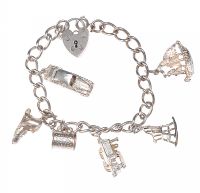 SILVER CHARM BRACELET WITH PADLOCK CATCH & SIX CHARMS at Ross's Online Art Auctions