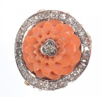 18 CT GOLD CARVED CORAL & DIAMOND RING at Ross's Online Art Auctions