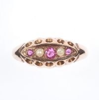 ANTIQUE 18 CT ROSE GOLD RUBY & PEARL RING at Ross's Online Art Auctions