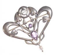 PIERCED SILVER AMETHYST & SEED PEARL BROOCH at Ross's Online Art Auctions